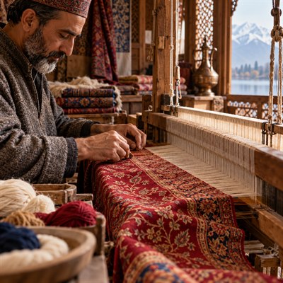 A Kashmiri master artisan working at a traditional loom