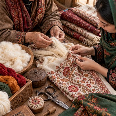 Kashmiri artisans creating decorative handwork